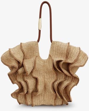 Zimmermann Goldentime Raffia Shoulder Bag With Ruffles - Natural
