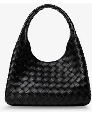 Bottega Veneta Campana Leather Shoulder Bag With Intrecciato Motif - Black