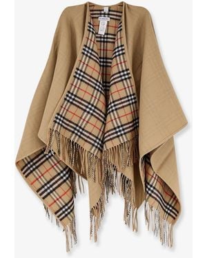 Burberry Wool Cape With Check Motif - Natural