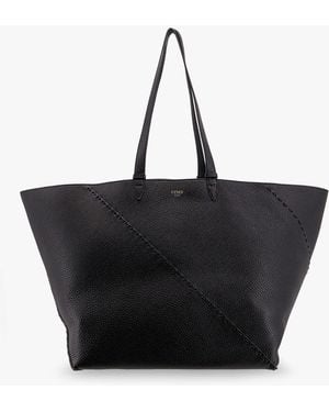 Fendi Diagonal Selleria Large Leather Shopping Bag - Black