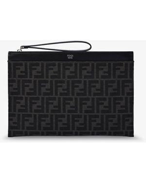 Fendi Ff Jacquard Fabric And Leather Flat Pouch Medium - Black