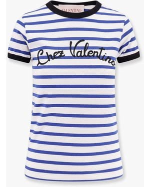 Valentino Striped Cotton T-Shirt With Embroidered Logo - Blue