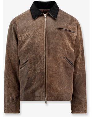 DFOUR® Padded Leather Jacket With Corduroy Collar - Brown