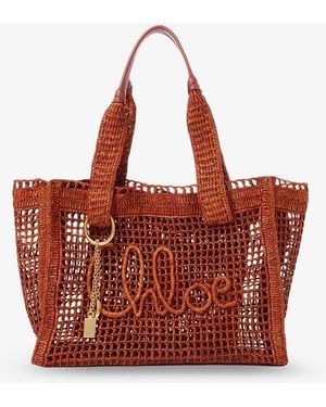 Chloé East-West Summer Banana Raffia Shoulder Bag - Red