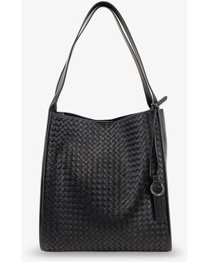 Bottega Veneta Corriere Leather Shoulder Bag With Intrecciato Pattern - Black