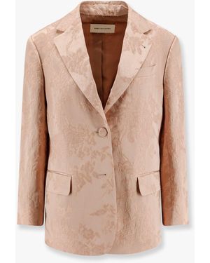 Dries Van Noten Jacquard Linen Blend Blazer With Floral Motif - Natural