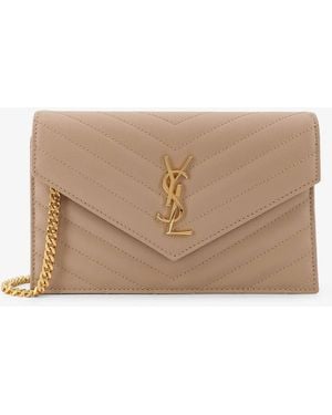 Saint Laurent Envelope Grain-De-Poudre Leather Clutch Bag With Cassandre Chain - Natural