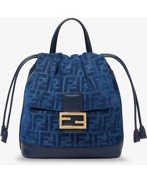 Fendi Denim Backpack With Flocked Ff Detail - Blue