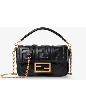Fendi Baguette Mini Leather Shoulder Bag With Embossed Ff Pattern - Black