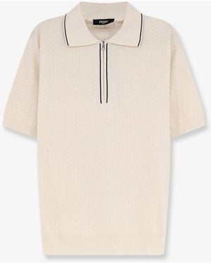Fendi Cotton And Silk Polo Shirt With Ff Embroidery - Natural