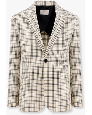 Ami Paris Virgin Wool Blazer With Madras Motif - White