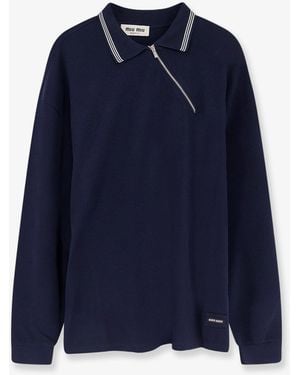 Miu Miu Cotton Polo Shirt With Asymmetric Metal Zip Detail - Blue
