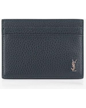 Saint Laurent Tiny Cassandre Textured Leather Card Holder - Blue