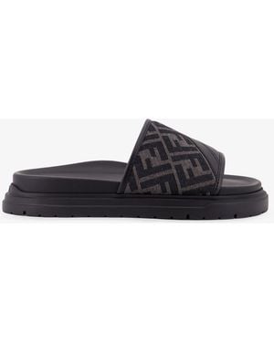 Fendi Low Leather Sandals With Ff Jacquard Insert - Black