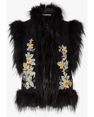 Fendi Wool Vest With Floral Embroidery And Fox Fur Trim - Black