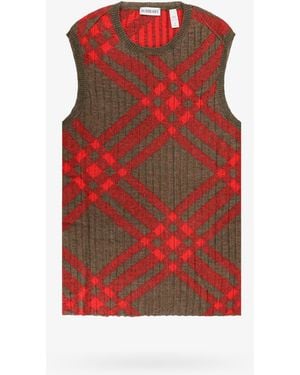 Burberry Ribbed Vest With Check Intarsia - Red