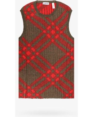 Burberry Ribbed Vest With Check Intarsia - Red