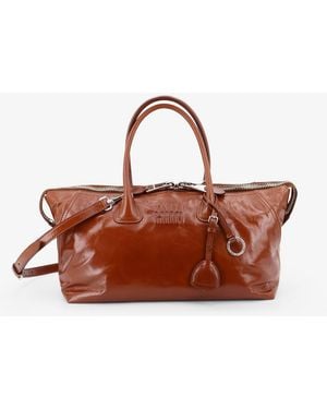 Miu Miu Shiny Leather Handbag With Front Lettering Logo - Brown