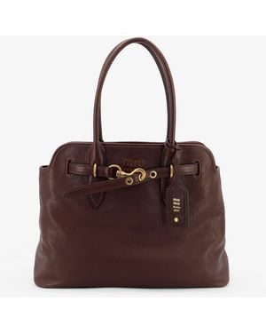 Miu Miu Aventure Leather Handbag With Front Lettering Logo - Brown
