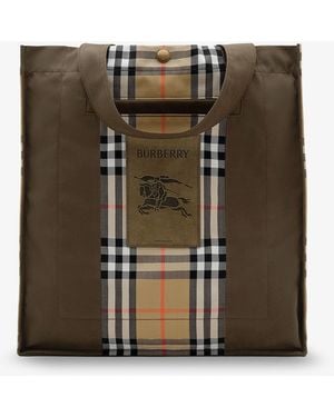 Burberry Tote Trench Check Canvas Shoulder Bag With Suede Logo Label On The Front - Brown
