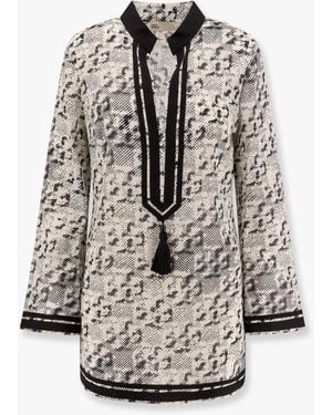 Tory Burch T Monogram Print Silk-Blend Tunic - Gray