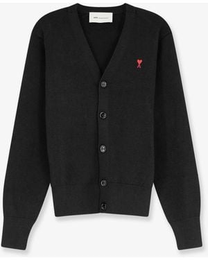 Ami Paris Wool Cardigan With Logo Embroidery - Black