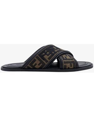 Fendi Ff Jacquard Fabric Sandals With Embroidered Logo - Black