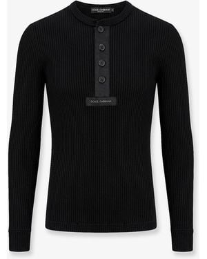 Dolce & Gabbana Ribbed Cotton Jumper With Metal Logo On The Front - Black