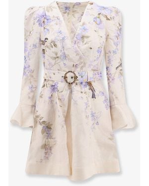 Zimmermann Luna Short Linen Dress With Songbird Print - White