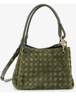 Bottega Veneta Parachute Suede Shoulder Bag With Intrecciato Motif - Green