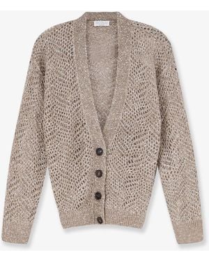 Brunello Cucinelli Mohair Blend Cardigan With Iconic Dazzling Motif - White