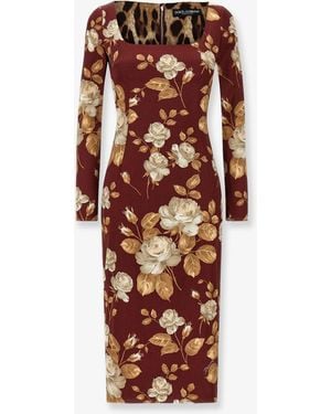 Dolce & Gabbana Vintage Rose Print Satin Midi Pencil Dress - White