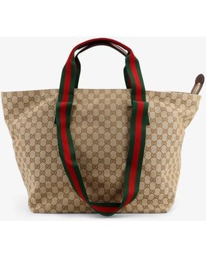 Gucci Gg Fabric Shopping Bag With Nastro Web Handle Detail - Brown