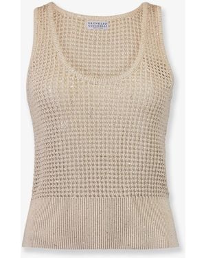 Brunello Cucinelli Openwork Cotton Knit Top - Natural