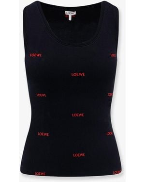 Loewe Cotton Tank Top With All-Over Logo Lettering Embroidery - Black