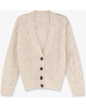 Brunello Cucinelli Mohair Blend Cardigan With Iconic Dazzling Motif - Natural