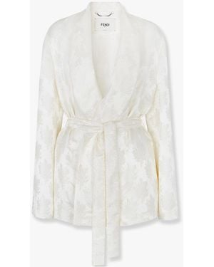 Fendi Jacquard Silk Blazer With Floral Motif - White