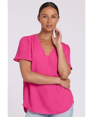 NYDJ Pleated Flutter Sleeved Blouse In Pink Heart - White