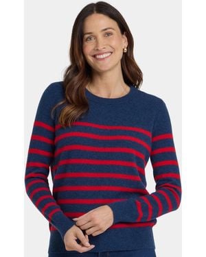 NYDJ Striped Cashmere Crewneck Sweater In Navy Red Stripe - Blue