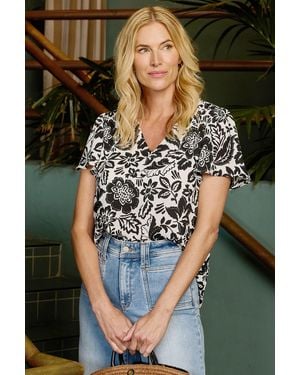 NYDJ Pleated Flutter Sleeved Blouse In Palm Royale - Gray