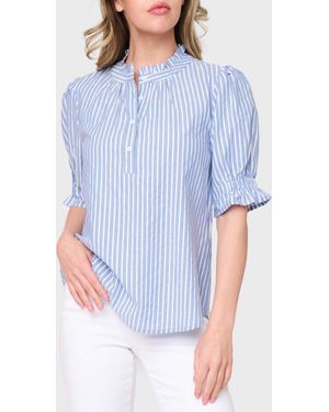 NYDJ Dianthus Henley Puff Sleeve Stripe Blouse By Gibsonlook In French Blue White Stripe