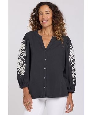 NYDJ Embroidered Knit Blouse In Black Ivory