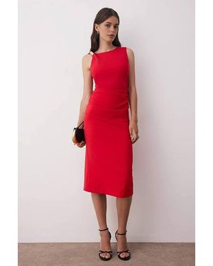 WOVCOR One-Shoulder Metal Ring Midi Bodycon Dress - Red
