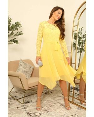 Double Second Lace Long Sleeve Handkerchief Hem Midi Dress - Yellow