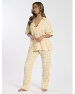Loungeable Woven Traditional Short Sleeved Trouser Set - Natural