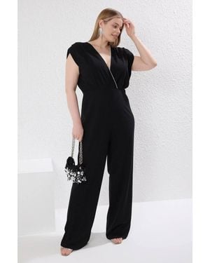 WOVCOR Plunge Neck Wide Leg Jumpsuit W/ Draped Sleeve Detail - Black
