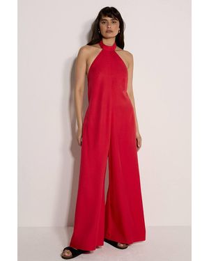 Apricot Halter Neck Wide-Leg Linen Blend Jumpsuit - Red