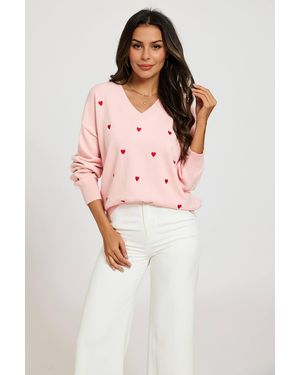 FS Collection Embroidery Heart V-Neck Knitted Jumper - Pink