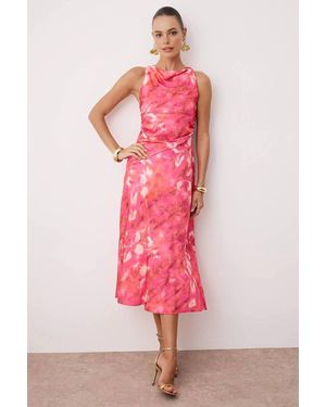 WOVCOR Sleeveless Cowl Neck Printed Satin Midi Dress - Pink