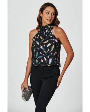 FS Collection Leaf Foil Star Halter Neck Tie Back Top - Black